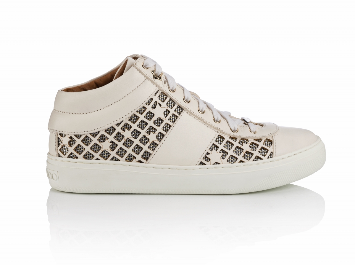 Jimmy Choo Bells perforated vachette raffia latte sneaker $5,650